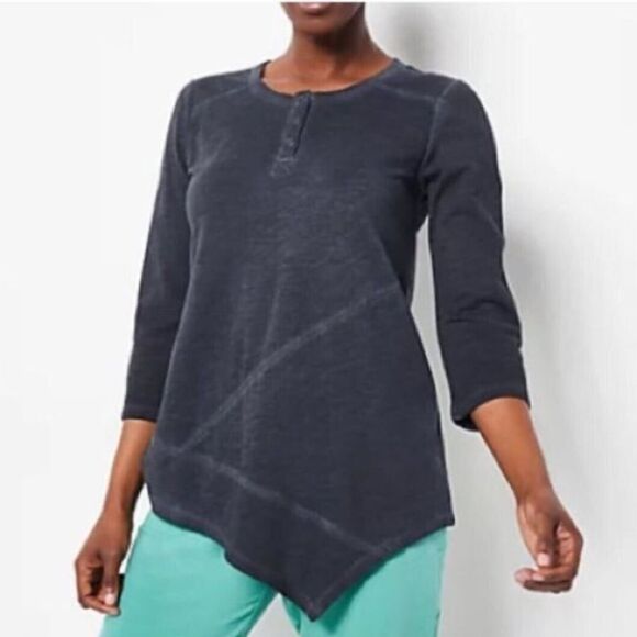 LOGO Lori Goldstein Distressed Cotton Slub 3/4 Sleeves Top - Picture 1 of 5